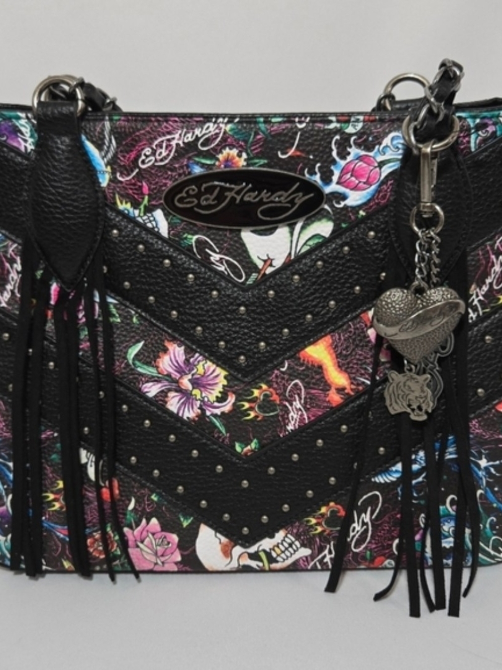 Ed Hardy NWT! Tattoo Print Fringed Shoulder Bag/Satchel